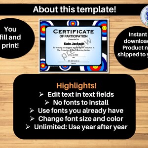 May include: A printable certificate of participation featuring a target design. The certificate is customisable with text fields for the recipient's name, the event, and the date. The text "Certificate of Participation" is at the top of the certificate. The text "Presented to" is followed by a line for the recipient's name. The text "for making the biggest improvement this year at" is followed by a line for the event. The text "May 2, 2002" is at the bottom of the certificate.