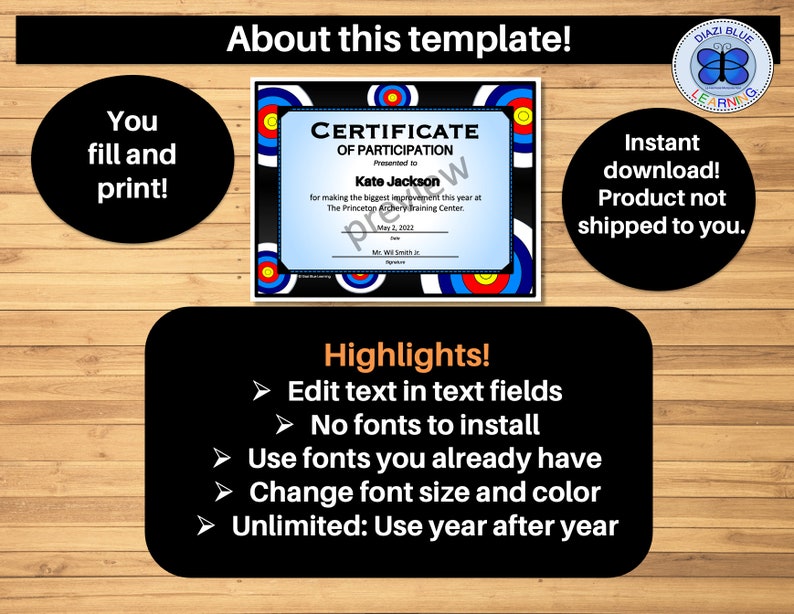 May include: A printable certificate of participation featuring a target design. The certificate is customisable with text fields for the recipient's name, the event, and the date. The text "Certificate of Participation" is at the top of the certificate. The text "Presented to" is followed by a line for the recipient's name. The text "for making the biggest improvement this year at" is followed by a line for the event. The text "May 2, 2002" is at the bottom of the certificate.