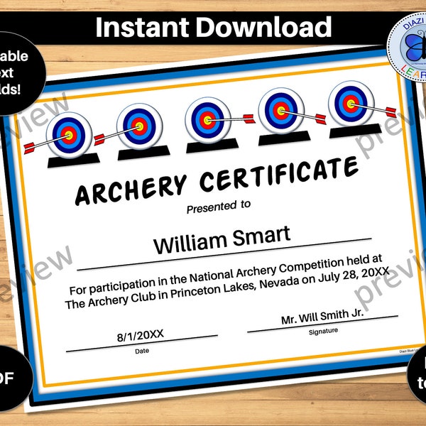 Archery Award, Editable Archery Certificate Award PDF, Archery Participation Certificate, School and Community Awards, Instant Download