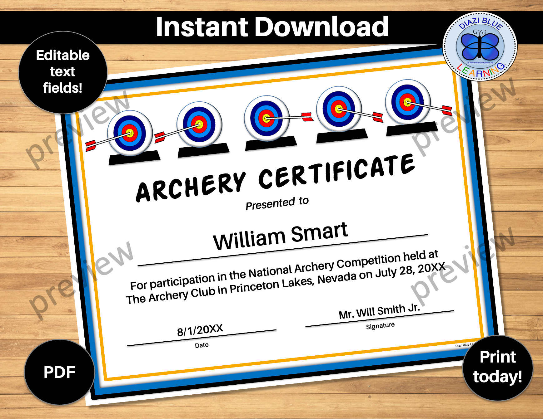 Archery Award, Editable Archery Certificate Award PDF, Archery