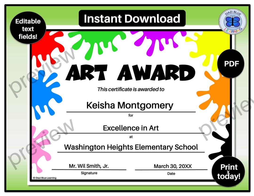 Art Certificate, PDF Art Certificate, Editable Art Certificate, End of