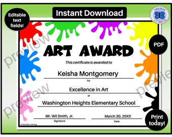 Art Certificate, PDF Art Certificate, Editable Art Certificate, End of Year Art Certificates, Printable Art Award, School & Community Awards