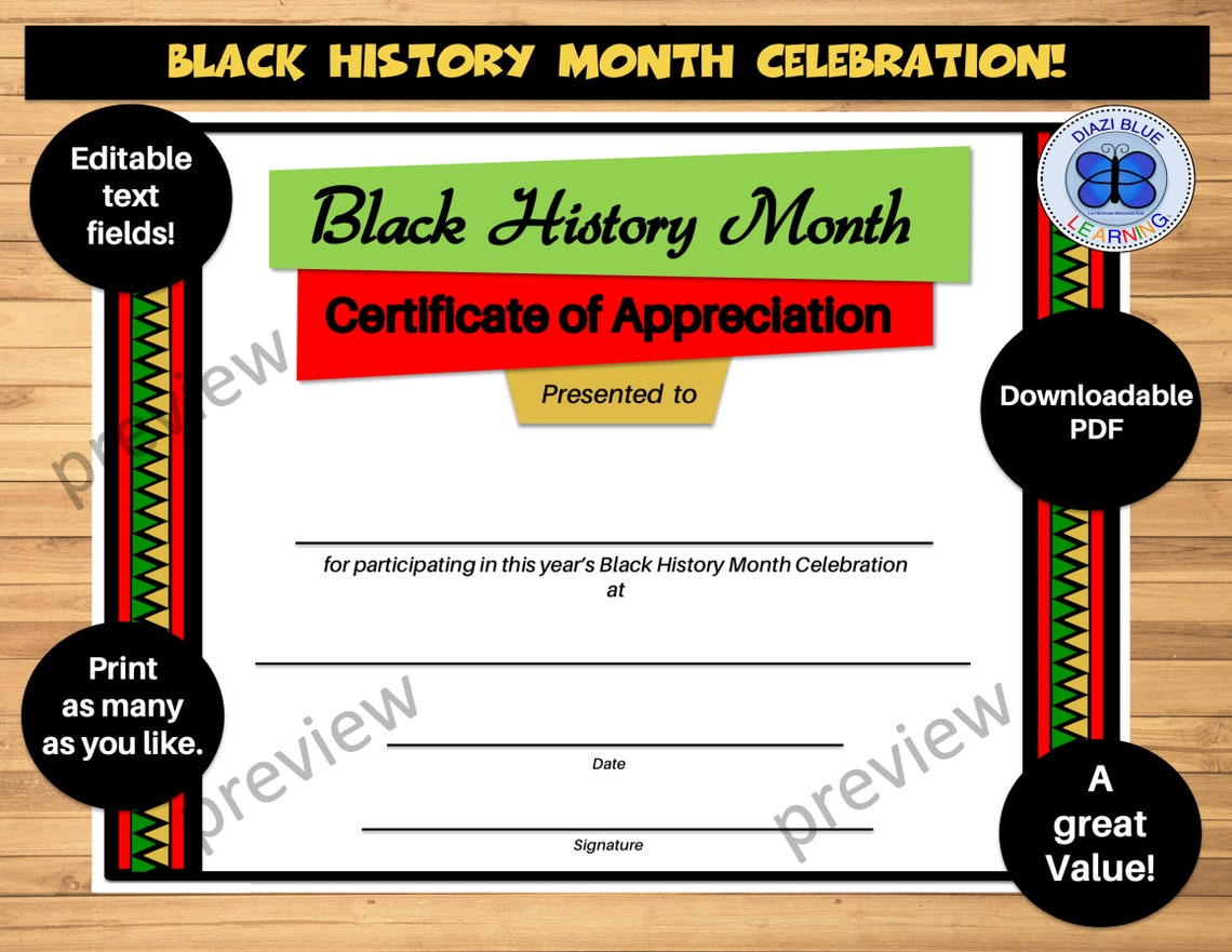 Black History Month Certificate of Appreciation, Editable Black History