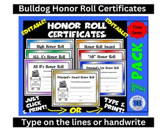 Bulldog Honor Roll Certificates, 7 Pack Honor Roll Certificates, Fillable Honor Roll Certificates, Honor Roll Awards, Instant Download