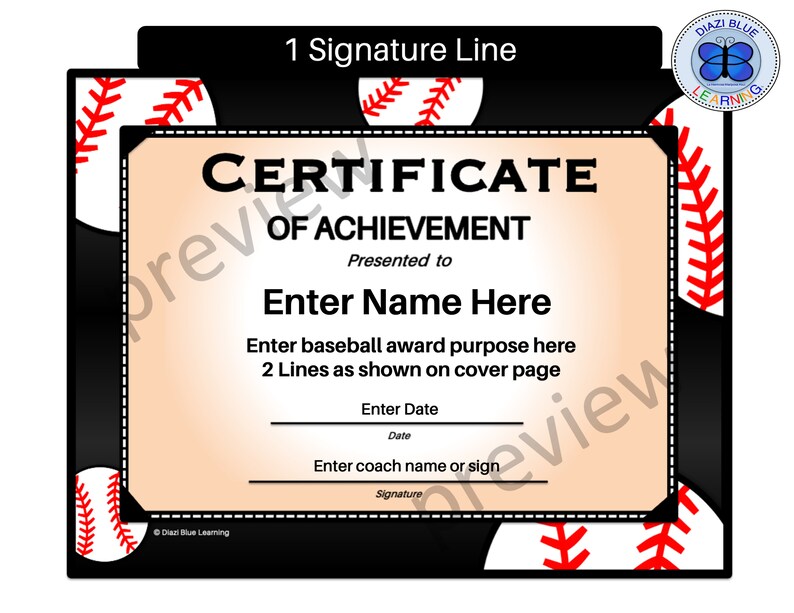 Editable Baseball Certificate, Baseball Certificate With 1 or 2 Signature Line Option, Baseball