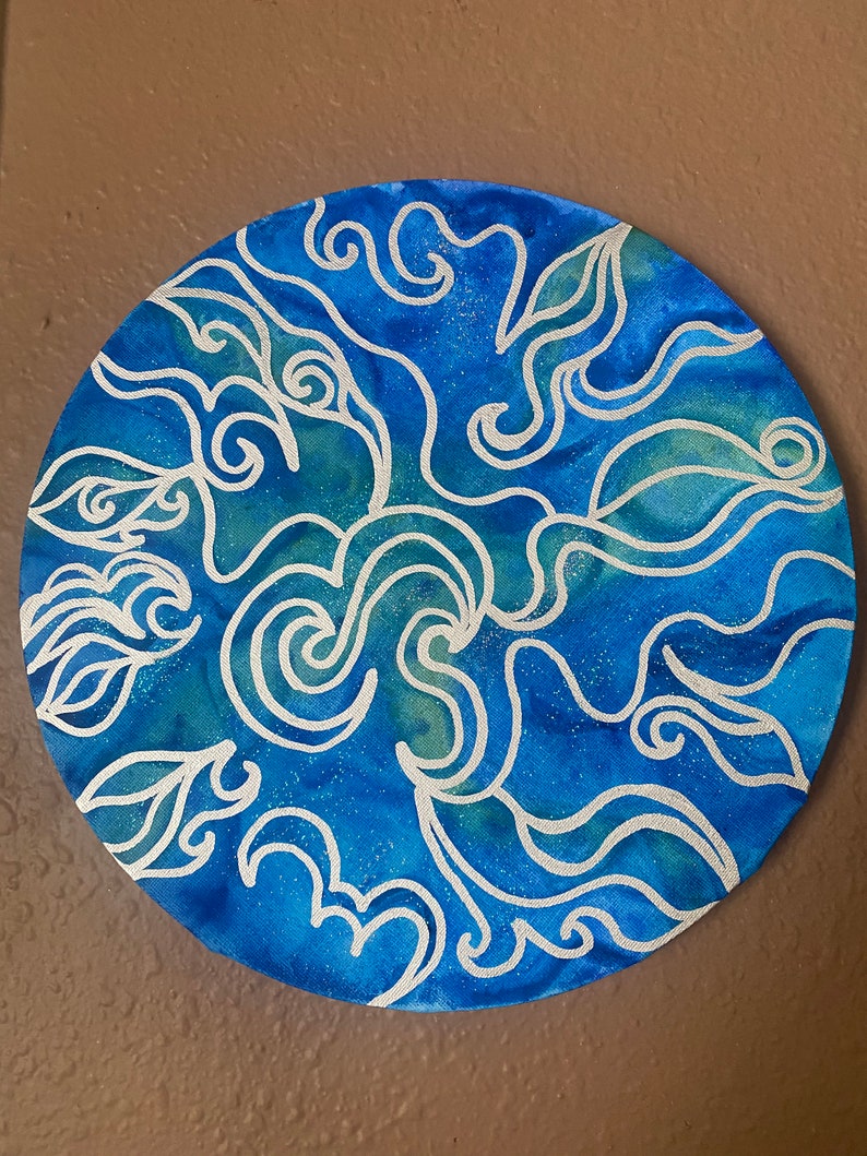 Pu&ograve; includere: Un dipinto rotondo blu e bianco con un motivo a spirale. Il dipinto &egrave; su tela e ha un bordo bianco.