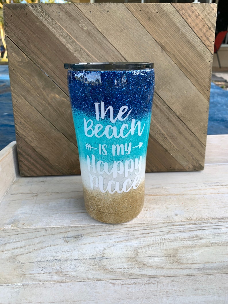 free shipping real sand Beach ocean inspired tumbler stainless steel custom cup ombre glitter happy place