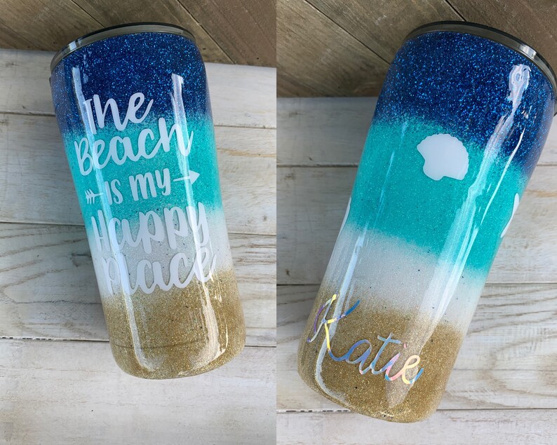 free shipping real sand Beach ocean inspired tumbler stainless steel custom cup ombre glitter happy place