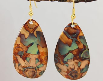 Flame Painted Copper Earrings - Green Tones