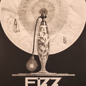 May include: Vintage black and white advertisement for "Fizz" perfume. The ad features a stylized perfume bottle with a bulb atomizer, set against a circular background with the text "Marcel Franck". The text at the bottom reads "Le nouveau vaporisateur du monde parisien".