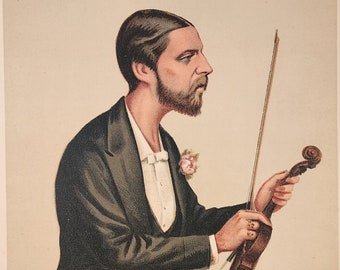 May include: A vintage illustration from Vanity Fair magazine depicts a seated man in formal attire, holding a violin and bow. The artwork is a caricature, with the text "First violin" at the bottom. The image has a cream-colored background.