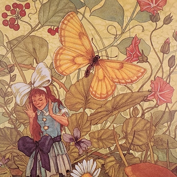 Vintage Children's Prints:  The Borrowers Illustrated by Michael Hague, Girl in Garden with Butterfly