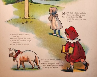 Vintage Children's Print:  Mother Goose Nursery Rhymes, Mary Had a Little Lamb