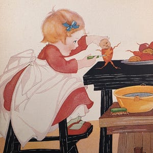 Vintage Children's Print: Girl making toys out of potatoes in kitchen by Fern Bisel Peat