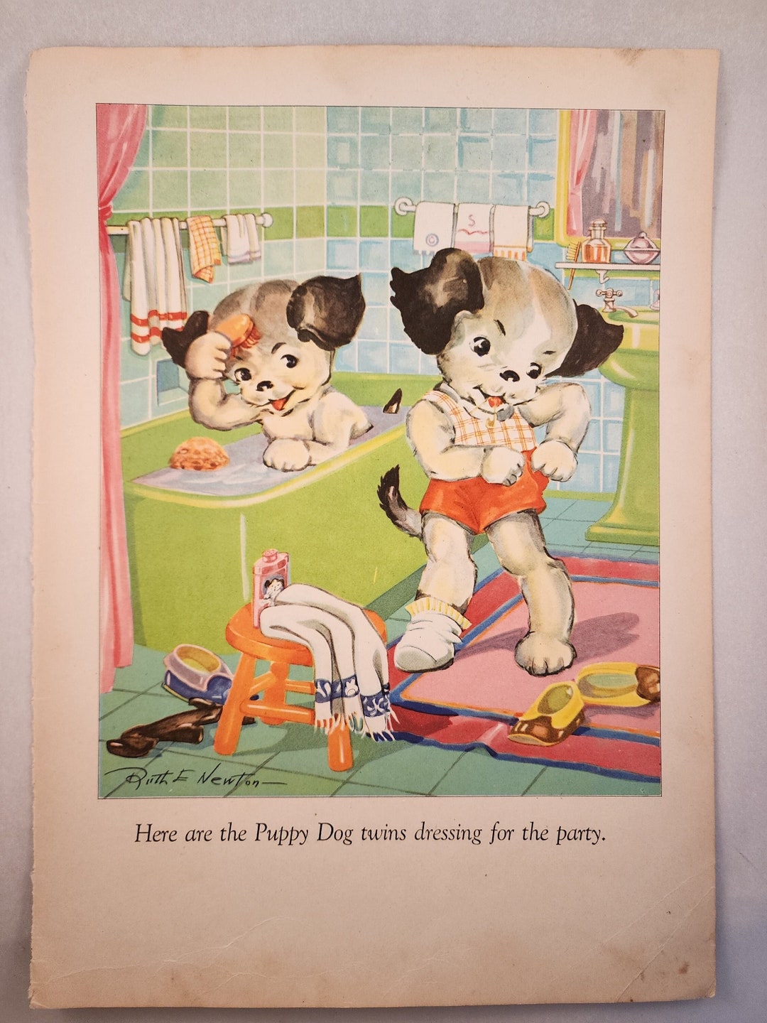 Vintage Children's Print kittens and Puppies by Ruth E. Newton