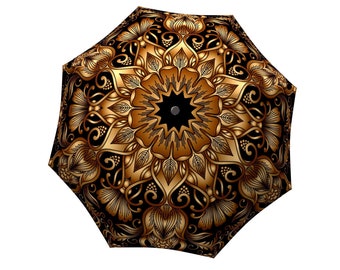 Gold Floral Umbrella - Designer Colourful Fashion Compact Rain Umbrella in Stylish Gift Box - Auto Open Close Folding Yellow/Brown Umbrella