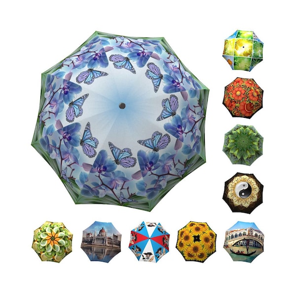 Butterfly Designer Umbrella - Unique Lightweight Fashion Vintage Umbrella in Stylish Gift Box - Automatic Folding Blue Green Umbrella