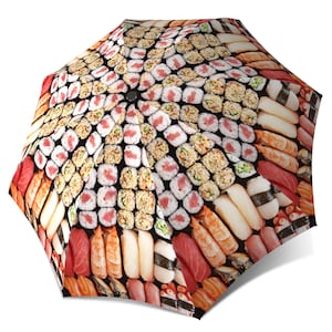 Funny Sushi Umbrella - Unique Colourful Large Canopy Umbrella in Stylish Gift Box - Folding Auto Open/Close Rain Umbrella for ladies and men