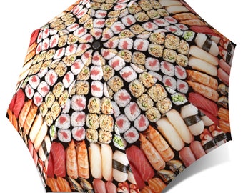 Funny Sushi Umbrella - Unique Colourful Large Canopy Umbrella in Stylish Gift Box - Folding Auto Open/Close Rain Umbrella for ladies and men