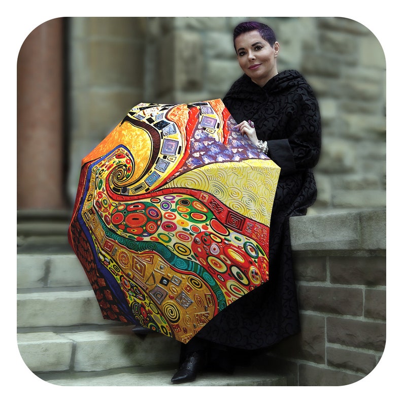 Klimt Inspired Fashion Umbrella Unique Colourful Large Canopy Art Umbrella in Stylish Gift Box Folding Auto Open/Close Rain Sun Umbrella image 2