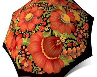 Folk Art Designer Fashion Umbrella - Large Canopy Compact Floral Umbrella in Stylish Gift Box - Folding Automatic Umbrella for Ladies