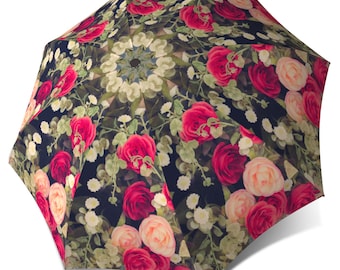 Vintage Roses Umbrella - Unique Colourful Large Canopy Fashionable Umbrella in Stylish Gift Box - Folding Auto Open/Close Rain Umbrella