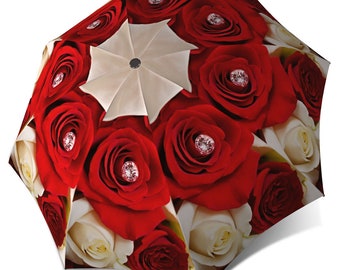 Ombrello alla moda firmato Rose rosse - Ombrello da viaggio floreale compatto in elegante confezione regalo - Ombrello da pioggia pieghevole con apertura/chiusura automatica per donna