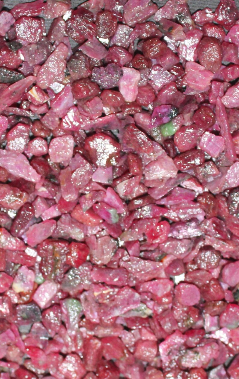 May include: A close-up view of a pile of rough, uncut ruby gemstones. The stones vary in size and shape, displaying a range of deep red and pink hues. Some stones have a glossy, reflective surface, while others appear more matte.