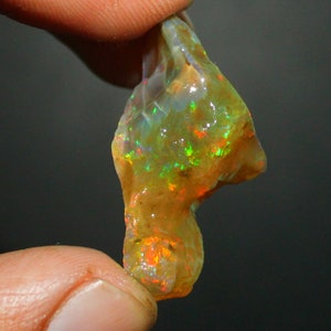 May include: A rough, uncut opal gemstone with a vibrant display of color. The opal is held between two fingers, showcasing its iridescent play of red, green, and yellow hues. The stone has a natural, irregular shape.