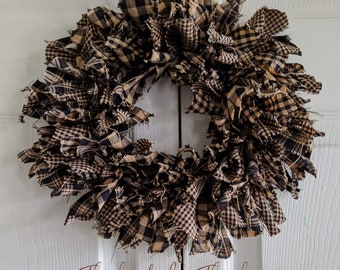 11" Homespun rag Wreath or Candle Ring Black beige checks plaid Country rustic Prim Decor Farmhouse