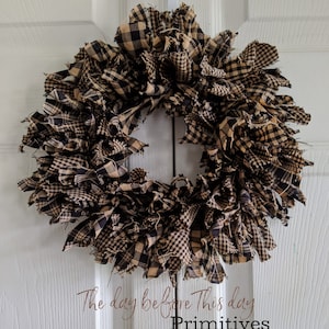 11&quot; Homespun rag Wreath or Candle Ring Black beige checks plaid Country rustic Prim Decor Farmhouse