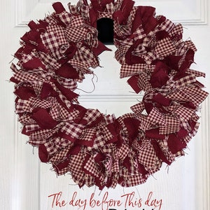 11&quot; Homespun rag Wreath or Candle Ring red off white/cream check gingham plaid Country rustic Prim Decor Farmhouse