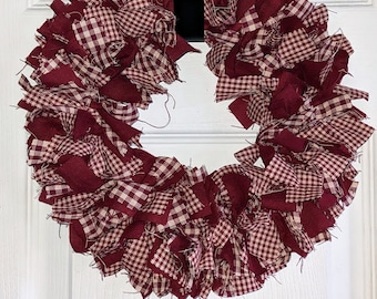 11" Homespun rag Wreath or Candle Ring red off white/cream check gingham plaid Country rustic Prim Decor Farmhouse