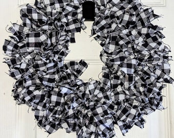 11" Homespun rag Wreath or Candle Ring Black and white buffalo check gingham plaid Country rustic Prim Decor Farmhouse