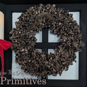 14&quot; Homespun rag Wreath or Candle/Lantern Ring Black beige checks plaid Country rustic Prim Decor Farmhouse