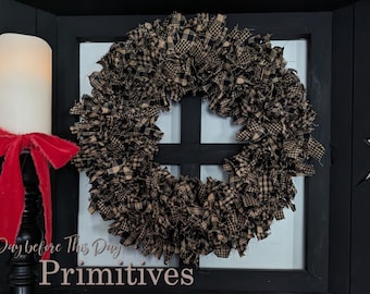 14" Homespun rag Wreath or Candle/Lantern Ring Black beige checks plaid Country rustic Prim Decor Farmhouse