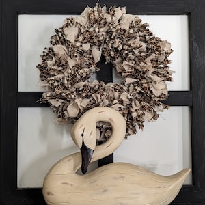 11&quot; Homespun rag Wreath or Candle Ring Brown beige plaid Country rustic Prim Decor Farmhouse