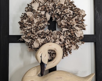 11" Homespun rag Wreath or Candle Ring Brown beige plaid Country rustic Prim Decor Farmhouse