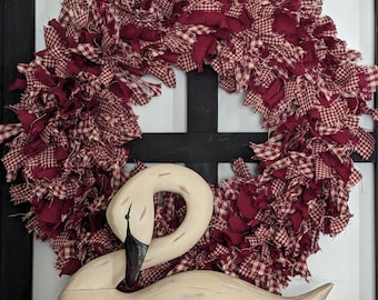 14" Homespun rag Wreath or Candle/Lantern Ring red off white/cream/oat checks plaid Country rustic Prim Decor Farmhouse