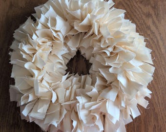 11" Homespun rag Wreath or candle ring in Buttercream for Linda Country rustic Prim Decor Farmhouse