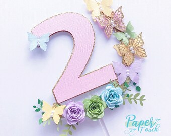 Butterfly Cake Topper: Floral Number, Pearls, Glitter Paper