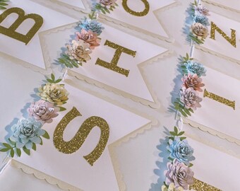 Floral Baby Shower Banner: Glitter Letters, Cardstock Flowers