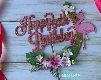 Flamingo Birthday Cake Topper: Tropical Hibiscus Party Decoration