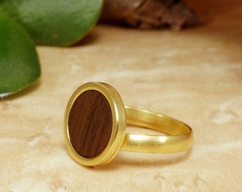 Vergoldeter verstellbarer Ring, Nussbaum Holz Ring, Unikat Ring jedermann, Mode moderner Ring, Geschenk für dich selbst, Holzschmuck