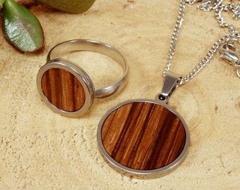 Wooden steel ring pendant necklace set, jewelry sets for women, necklace ring set, pendant ring set, 7th anniversary gift