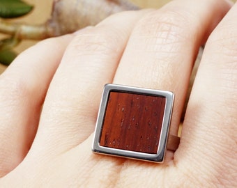 Modern stainless steel wooden ring, red coral ring, christmas gift for wife, geometric wooden ring, wood ring