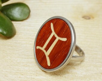 Gemini symbol ring, statement wooden ring, ideal gift wife, zodiac sign ring, gemini zodiac ring, gemini jewelry horoscope