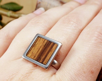 Boho wood ring, modern styles ring, lifetime ring, geometric square ring, stainless steel ring, trendy wooden ring for women