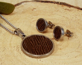 Nature jewelry set, nature lover gift, wood stud earrings necklace, bohemian jewelry set, fashion necklace post earrings