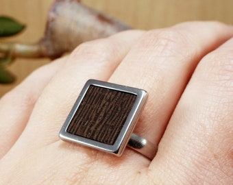 Square natural wooden ring, elegant ring adjustable, stainless steel ring, gift nature lover, bohemian jewelry wood rustic ring